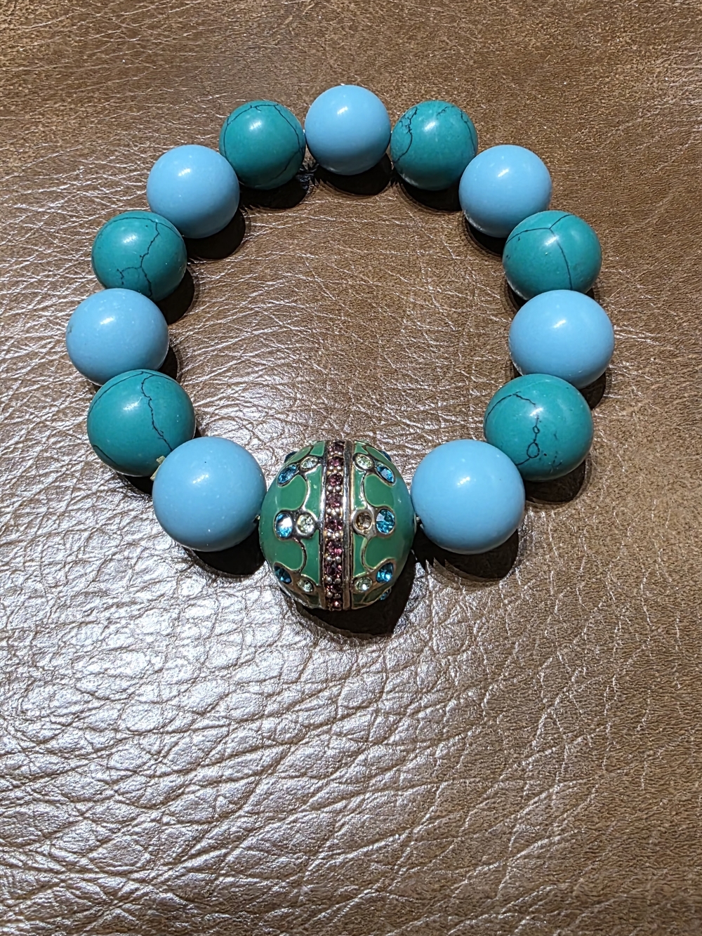 Turquoise Bead Stretch Bracelet with Decorative Enamel Accent
